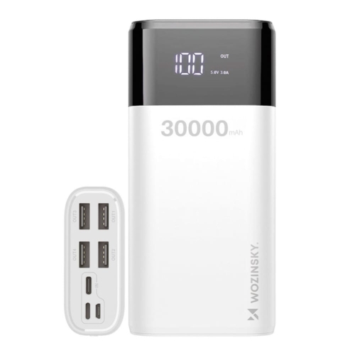 Wozinsky Power bank 30000 mAh 4 USB porttal és 4 A LCD kijelzővel - fehér - WPB-001WE
