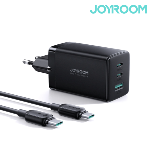Joyroom GaN Ultra JR-TCG01 Hálózati gyorstöltő, 65W, 3 port + 1.2 m, 100W Type-C kábel - Fekete