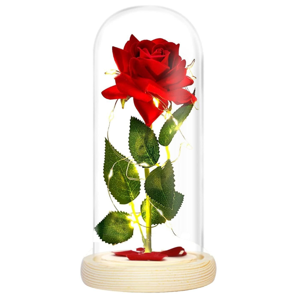 Búrába zárt örökrózsa LED fénnyel - Piros/zöld - 1 rózsa