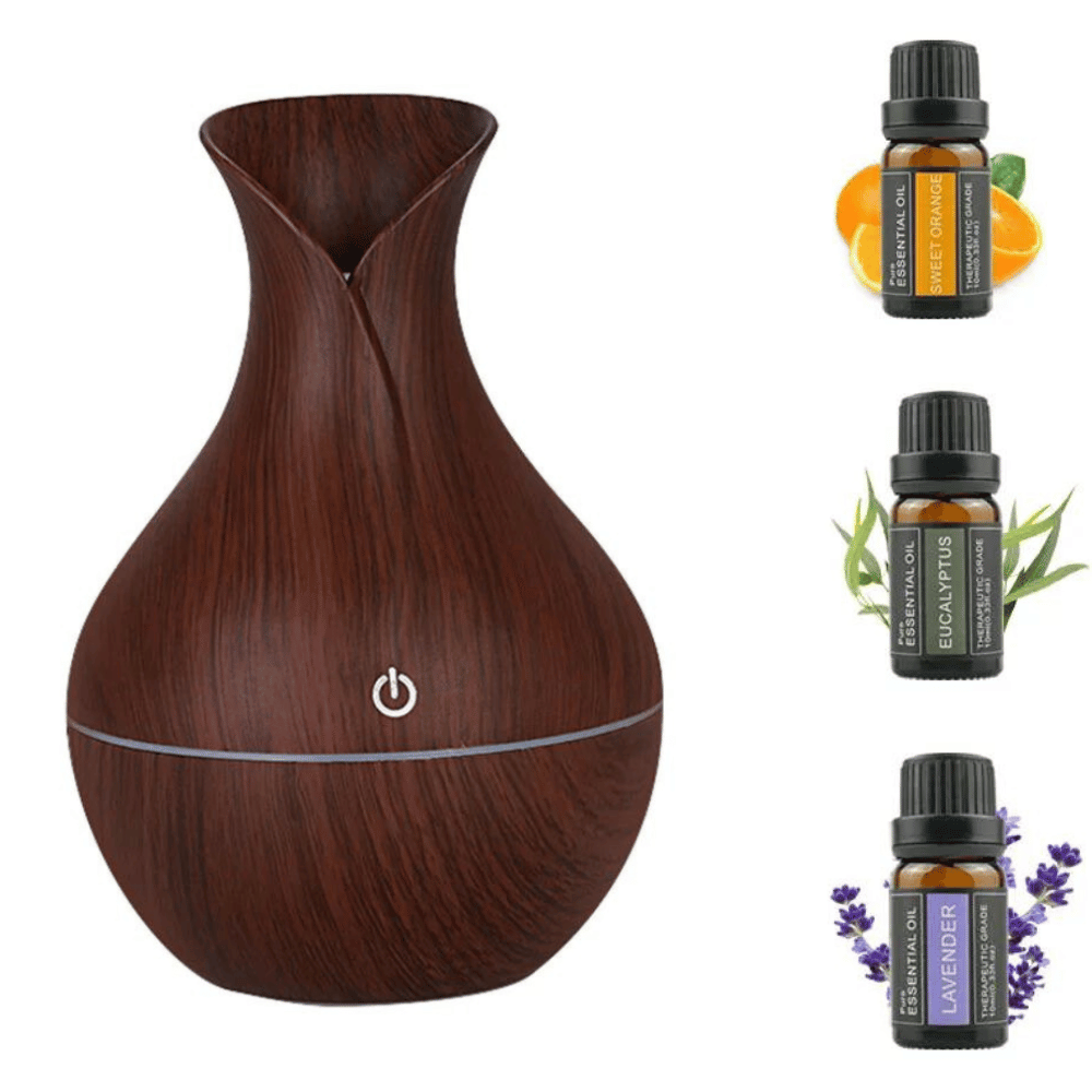 Mini aromaterápiás párásító - Sötét fa és Essential illóolaj