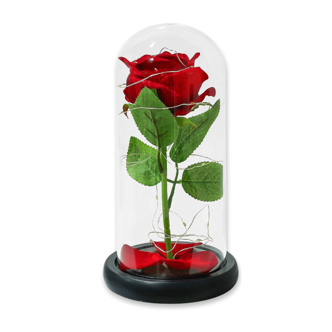 Búrába zárt örökrózsa LED fénnyel, fekete talppal - Piros/zöld - 1 rózsa